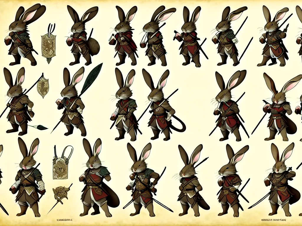 Image similar to character design sheet for a group of heroic rabbit archers on a parchment background, redwall, greg rutowski and jean baptiste monge, very very detailed, epic fantasy concept art