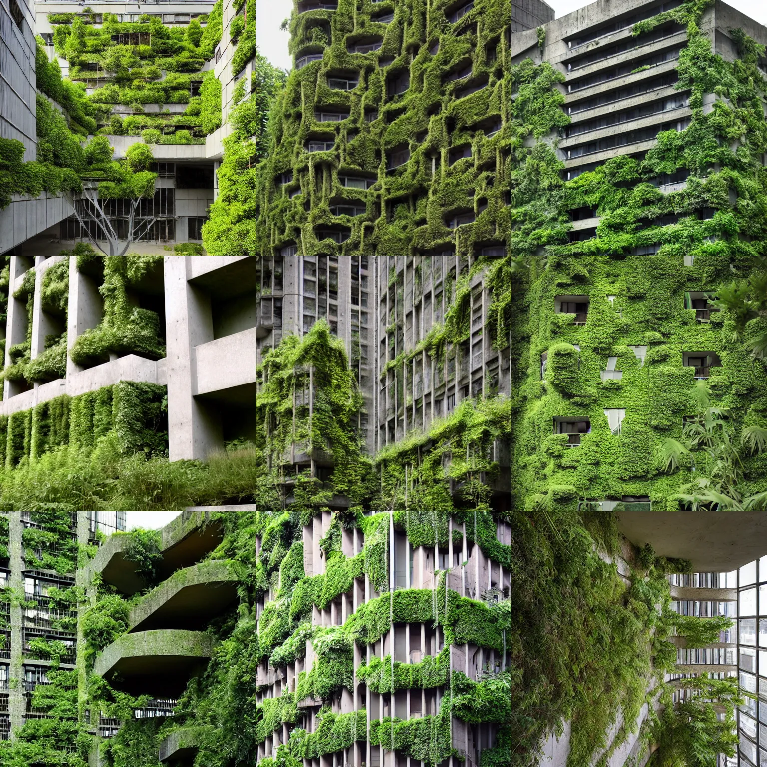 Prompt: lush nature invade a strange brutalist building