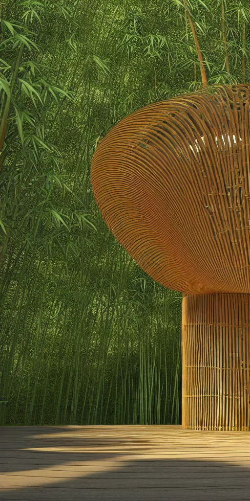 Prompt: photo of a bamboo pavilion with hundreds of thin steel round columns. ultrarealistic, corona render, megascans, 8 k