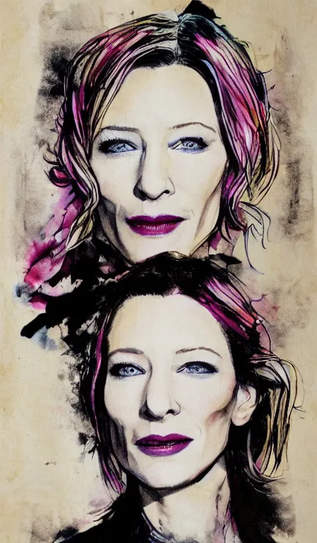 Image similar to cate blanchett , hanging scroll, ink and colours on silk,