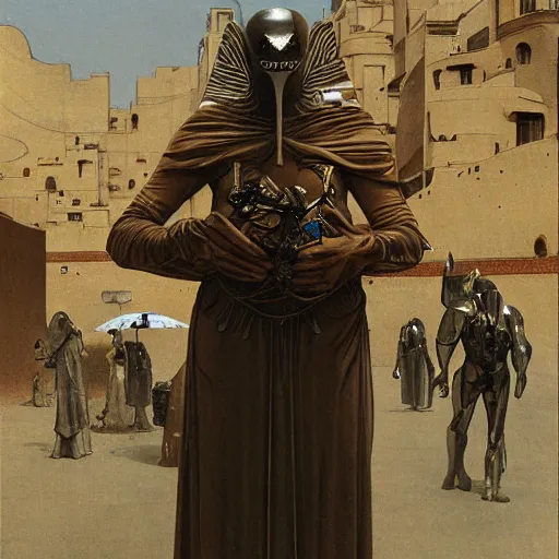 Image similar to portrait of masked Atreides Dune Dynasty on the art deco streets of the Giedi Prime during the Festival of Masks, award-winning realistic sci-fi concept art by Beksinski, Bruegel, Greg Rutkowski, Alphonse Mucha, and Yoshitaka Amano