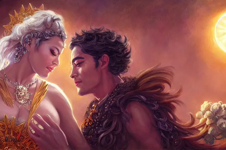 Image similar to close up moment of a divine a sun god and a moon goddess lovers magician at a wedding banquet, highly detailed, d & d, fantasy, highly detailed, digital painting, trending on artstation, concept art, sharp focus, illustration, art by artgerm and daniel gerhartz and magali villeneuve