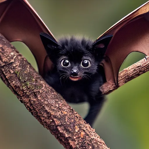 Image similar to a bat kitten, in a tree, wings out, Nikon, telephhoto 200mm