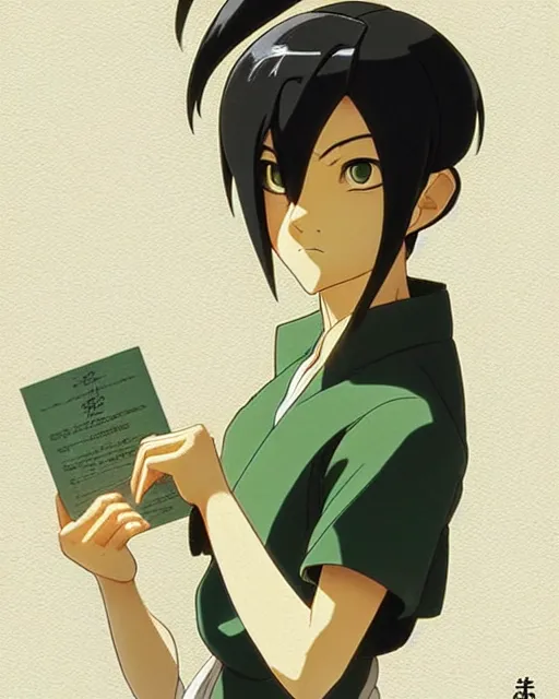 Prompt: toph from avatar as an office clerk, detailed perfect face, exquisite details, fire magic, mid view, design on a white background, by studio muti, greg rutkowski makoto shinkai takashi takeuchi studio ghibli