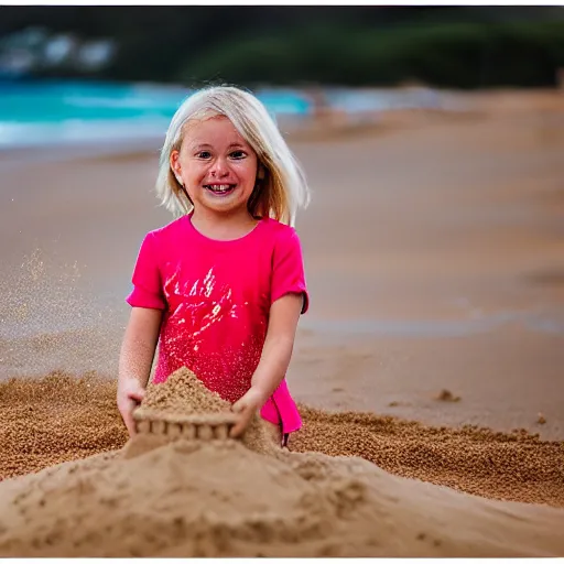 Image similar to little blond girl, making a sandcastle!!! on an Australian Beach, (((red)))!!! sand, shovel, waves, golden hour, Canon EOS R3, f/1.4, ISO 200, 1/160s, 8K, RAW, unedited, symmetrical balance, in-frame