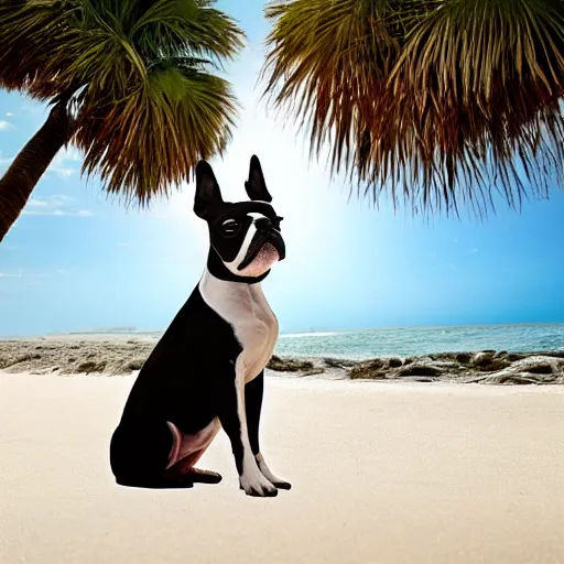 Image similar to Boston Terrier sitting on a beach on a sunny day, sky is blue, palm trees are on the beach