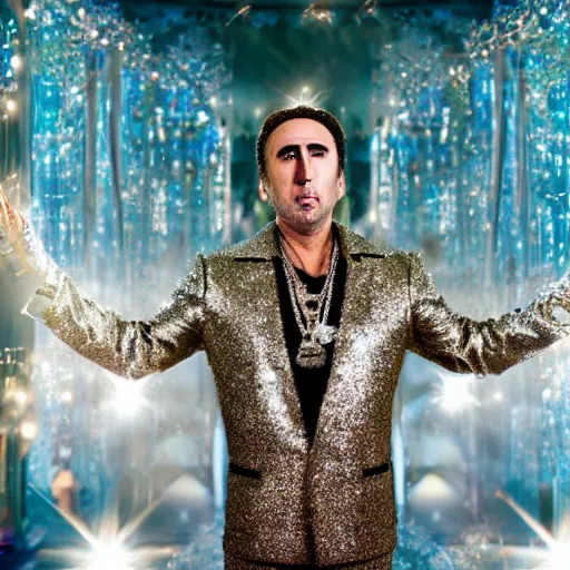 Image similar to Nicolas Cage with silver-violet hair, white eyes and golden glittery dress, wide lens, diorama, 4k,