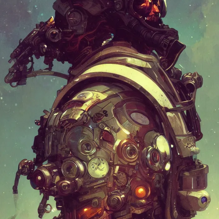 Prompt: a head and shoulders portrait of a space pirate, neon, retro, steampunk, smooth, sharp focus, intricate, artstation, detailed concept art by Greg Rutkowski and Alphonse Mucha and Norman Rockwell