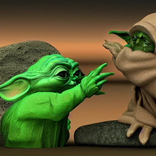 Image similar to 3 d render, yoda kissing the rock