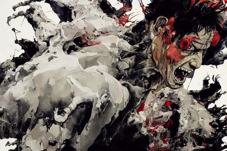 Image similar to full page illustration, tetsuo mutates at the staduim, by Katsuhiro Otomo, Phil hale, Ashley wood, Ilya repin, frank frazetta, 8k, hd, high resolution print