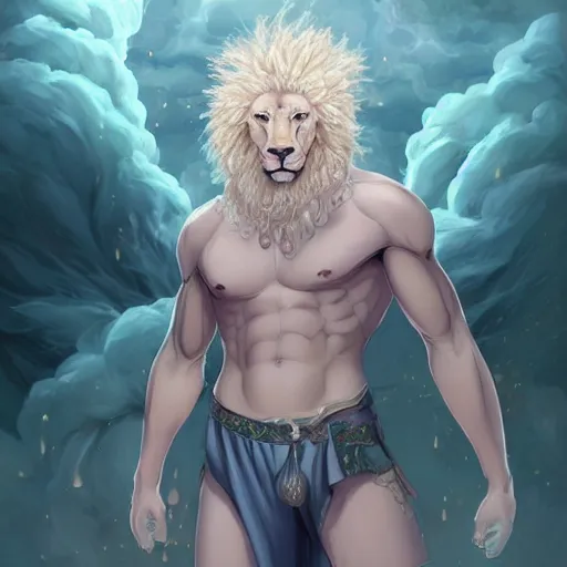 Image similar to aesthetic portrait commission of a albino muscular and attractive anthro lion with mane turning into green cosmic smoke while wearing an attractive pastel greek jeweled outfit floating inside a floating palace in the clouds, minimalistic art, hyperdetailed. Character design by charlie bowater, ross tran, artgerm, and makoto shinkai, detailed, inked, western comic book art, 2021 award winning painting