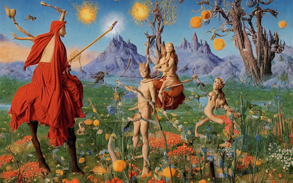 Prompt: a portrait photograph of a meditating elf and a centaur monk riding a rocket machine and hunting at a river delta. surrounded by bulbous flowers and trees. mountain range under a blue sky of fiery stars. by jan van eyck, max ernst, ernst haeckel, ernst fuchs and artgerm, cgsociety, fashion editorial, 8 k