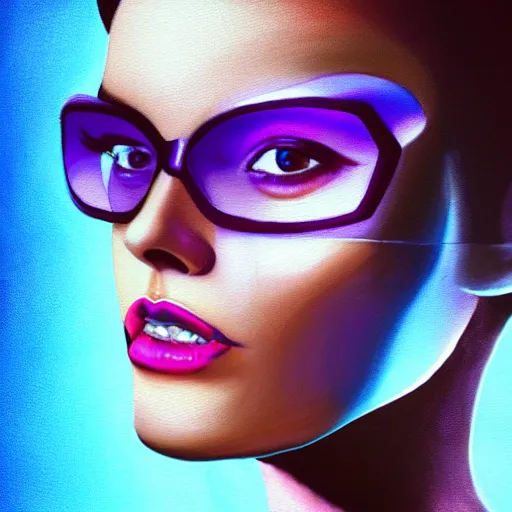 Image similar to closeup painting of a very beautiful young mexican cyberpunk woman with a smirk, light blue retro slotted shades, and a purple coloured leather jacket, one side haircut, long brown hair with light blue ends, portrait, sci - fi, hyperdetailed, artstation, cgsociety, synthwave by tangerine dream, by jean - michel jarre, by vangelis, by john carpenter
