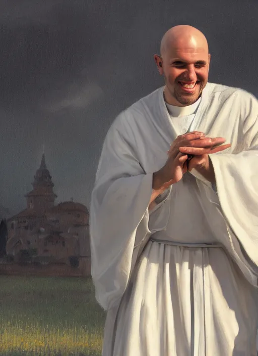 Image similar to oil painting portrait of a happy joyful rejoicing smiling tonsured dominican monk in a white habit, standing in a flourishing garden at sunset with a monastery in the background, hazy, digital art, chiaroscuro, artstation, cinematic, golden hour, digital art painting by greg rutkowski, hazy atmosphere, flowers, cinematic lighting