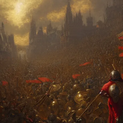 Image similar to artstation concept of a man in armor standing in a crowd gettig cheered, man with arms wide open, bright colorful, gold, hyperdetailed, artstation trending, world renowned artists, worth 1 0 0 0. com, historic artworks society, antique renewel, cgsociety, by greg rutkowski, by gustave dore, deviantart