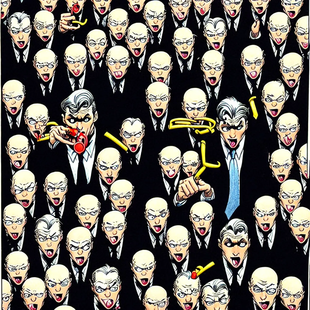 Image similar to drawing of gotham city's finest investigative reporter jack ryder with 1 4 tiny jokers reaching out of his mouth, 4 k art by brian bolland, graphic novel cover art