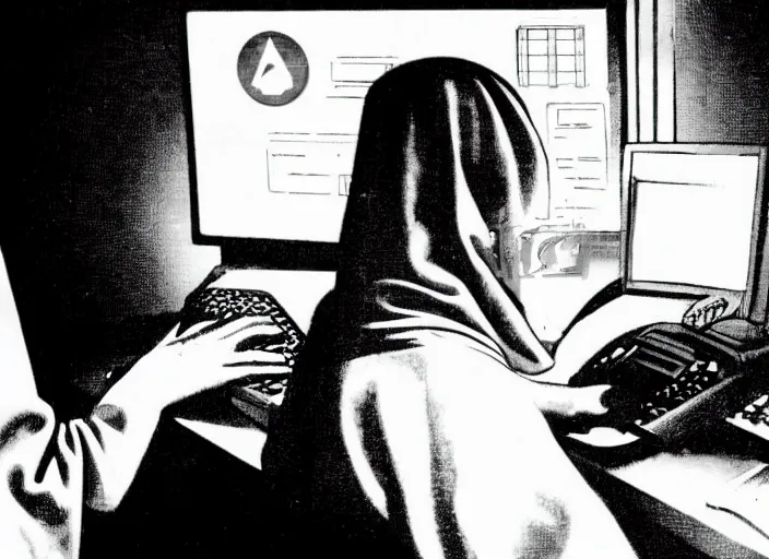 Prompt: over the shoulder shot of a robed illuminati cultist using a computer in a dark laboratory