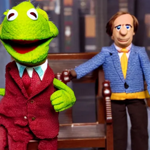 Image similar to Saul Goodman realistic Muppet puppet, wide lens, diorama, 4k,