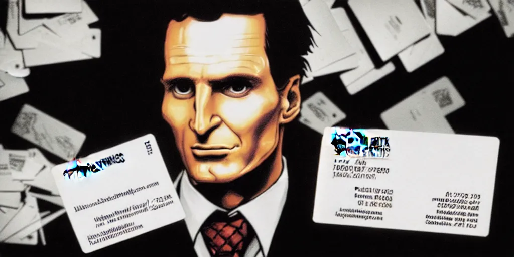 Prompt: patrick bateman, detailed fantasy art, sitting with stacks of business cards, american psycho