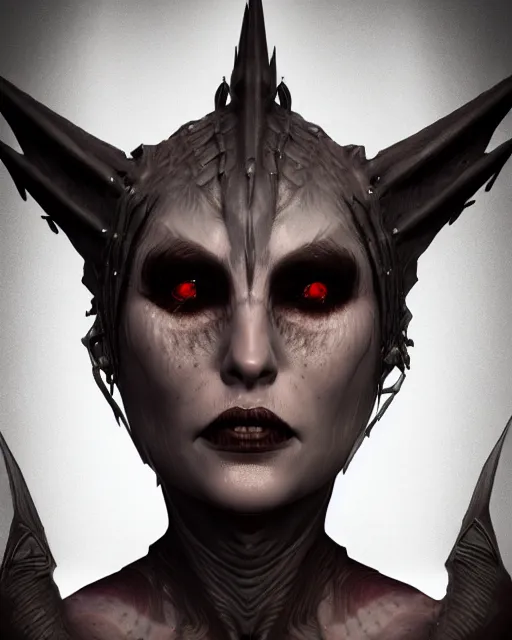 Image similar to headshot portrait of nightmare queen inspired by catholic occultism, detailed, textured, realistic, unreal engine, cgsociety, cinematic lighting, concept art