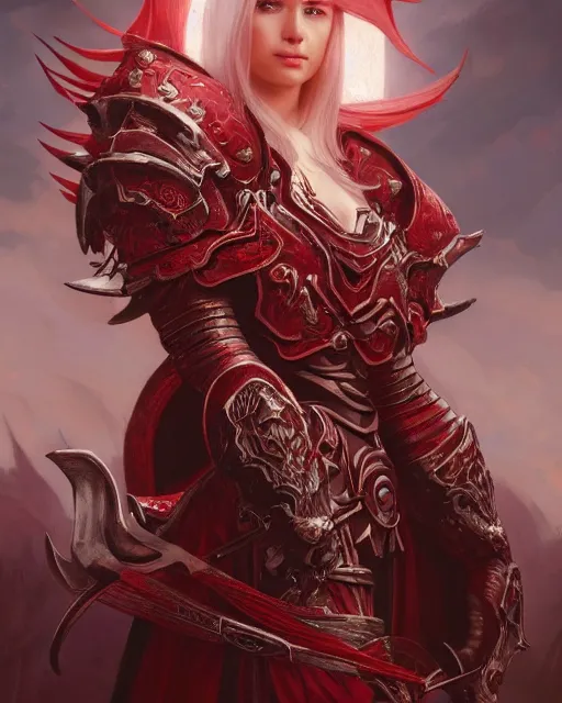 Image similar to Portrait of a Fantasy crimson knight, moonlit, HD, illustration, epic, D&D, fantasy, intricate, elegant, highly detailed, digital painting, artstation, concept art, smooth, sharp focus, illustration, art by artgerm and greg rutkowski and alphonse mucha, monster hunter illustrations art book