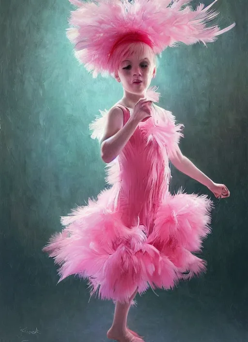 Image similar to beautiful little girl with an pink eccentric haircut wearing an dress made of feathers dancing on stage, artwork made by ilya kuvshinov, inspired in donato giancola, hd, ultra realistic, reflection, flowers, light, realistic face