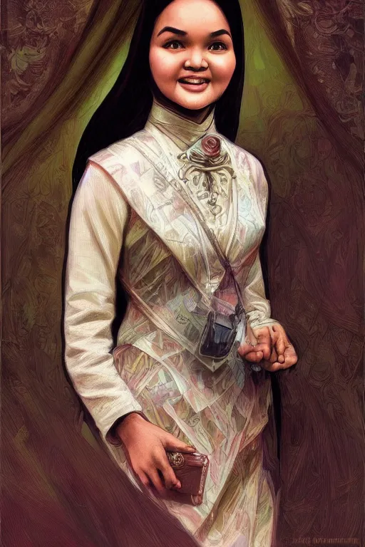Image similar to portrait of young siti nurhaliza as a lawyer, highly detailed, digital painting, artstation, concept art, sharp focus, illustration, art by kittichai rueangchaichan and james gurney and alphonse mucha