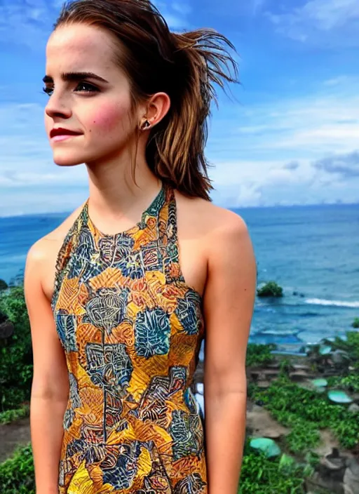 Prompt: emma watson wearing batik bali in bali. iconic place in bali. front view. instagram holiday photo shoot, perfect faces