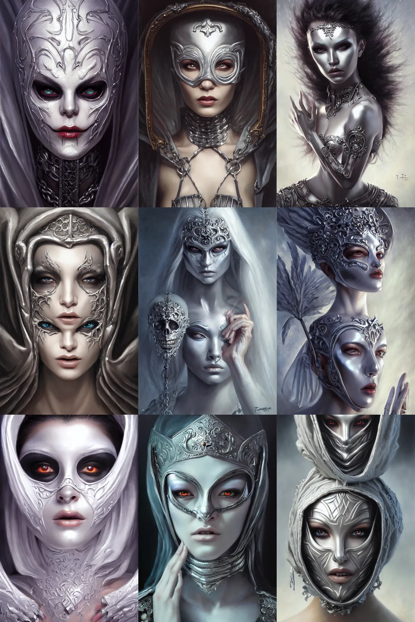 Prompt: necromance in a silver mask, oil on canvas, masterpiece, hi - fructose, by tony sart and artgerm, tranding on pxiv, highly detailed face, clear eyes