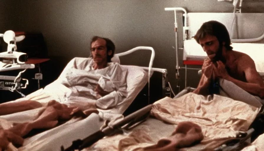Image similar to 70s movie still of a ill skinny man in hospital, eastmancolor, heavy grain, high quality, higly detailed, liminal space