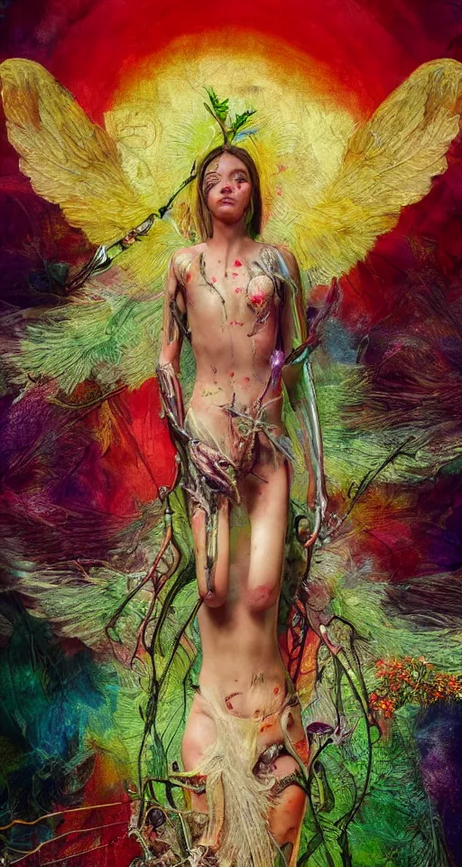 Prompt: cinema 4d colorful render, organic, ultra detailed, of a painted angel with a halo , nature background, scratched, biomechanical cyborg, syringes, dollar bills floating, analog, macro lens, beautiful natural soft rim light, blood, veins, sicko, winged insects and stems, roots, fine foliage lace, red and black details, Rick Owens, art nouveau fashion embroidered, intricate details, mesh wire, computer components, motherboard, floppy disk eyes,mandelbrot fractal, anatomical, facial muscles, cable wires, elegant, hyper realistic, in front of dark flower and feather pattern wallpaper, ultra detailed, 8k post-production