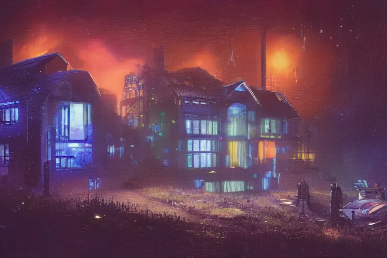 Image similar to cyberpunk, an estate agent listing photo, external view of a 5 bedroom detached countryside house in the UK, by Paul Lehr