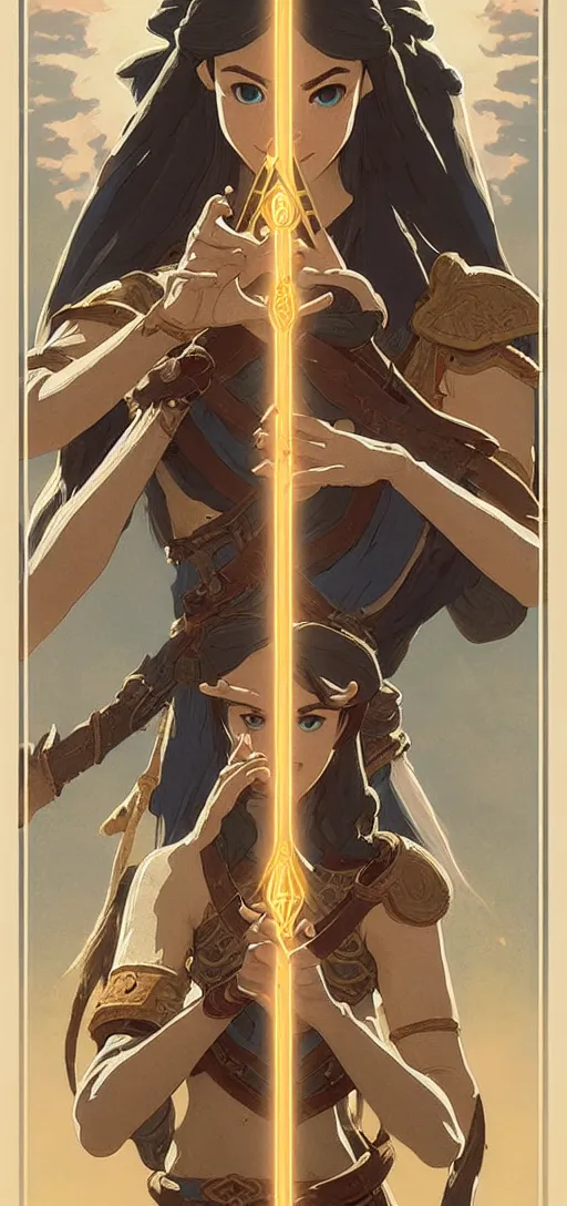 Image similar to perfectly detailed breath of the wild tarot card!! blessed by nature with ever - increasing physical mental perfection, symmetrical! intricate, sensual features, highly detailed, biblical divine holy perfection!! digital painting, artstation, concept art, smooth, sharp focus, illustration, art by artgerm and greg rutkowski and alphonse mucha