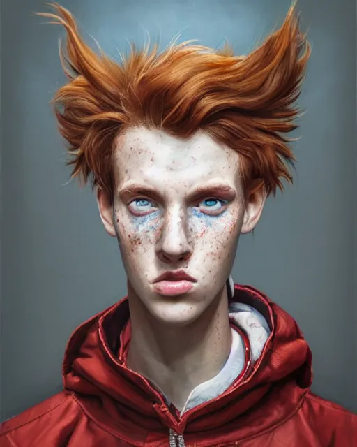 Prompt: a striking hyper real portrait painting of tall, thin, 1 5 - year - old boy with a long nose, a lot of freckles, fiery red hair, and bright blue eyes, 4 k, 8 k, apex legends concept art, d & d concept art, unreal 5, daz, hyperrealistic, octane render, cosplay, rpg portrait, dynamic lighting