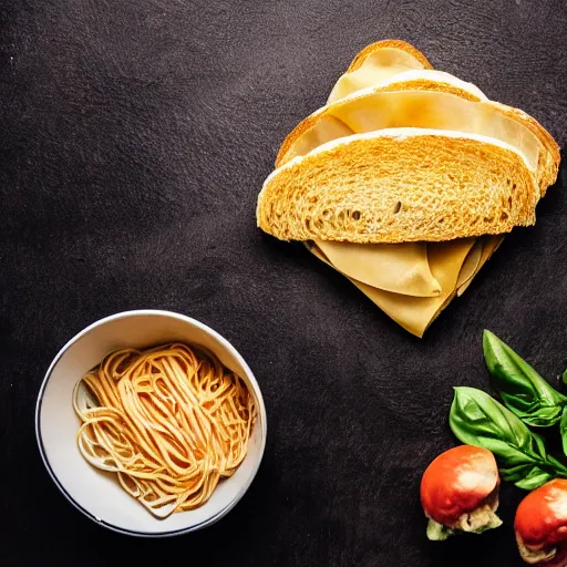 Image similar to a photo of a sandwich of pasta, professional, studio, 4 k