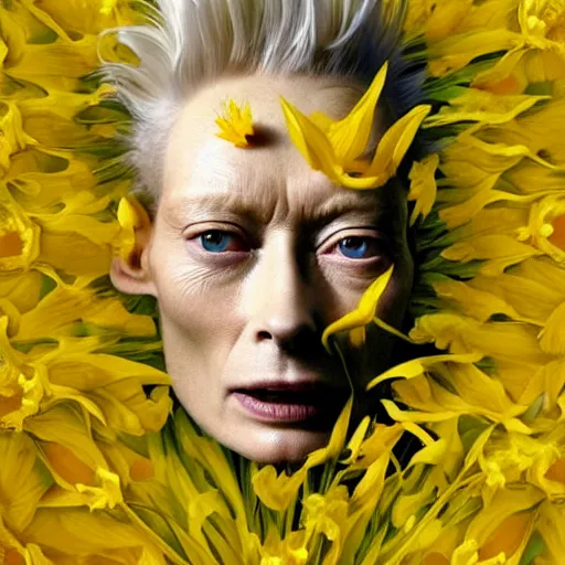 Image similar to medium shot, tilda swinton face fused with daffodil, eyes visible, head covered with leaves, inside the flower, daffodils field, highly detailed, shallow depth, bokeh, codachrome, polaroid, unreal engine, 3 d art, digital art, painting by greg rutkowski