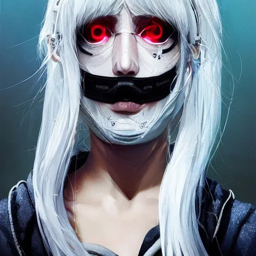 Image similar to very cool girl white hair girl with mask, streetwear, techwear, cyberpunk style outfit, full body, nose piercing, detailed portrait, intricate complexity, by greg rutkowski, james gilleard, atey ghailan, artgerm, ross tran, conrad roset, takato yomamoto, ilya kuvshinov. 4 k, beautiful, cinematic dramatic atmosphere