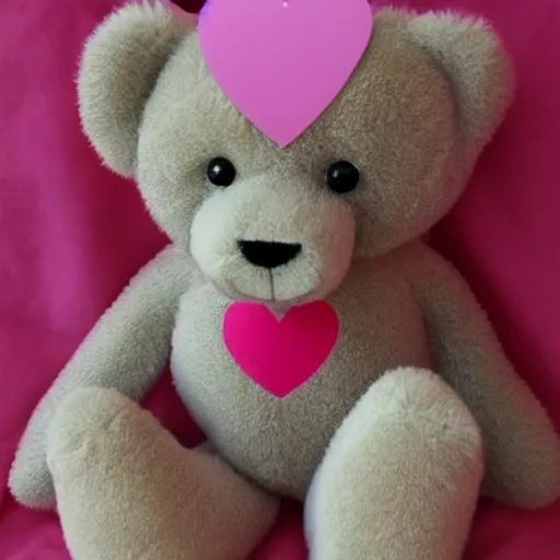 Image similar to pink teddybear with a black heart symbol on it's chest