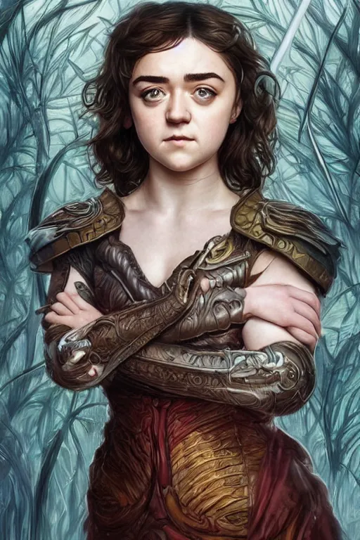 Image similar to Maisie Williams cute, fantasy, intricate, elegant, highly detailed, digital painting, 4k, HDR, concept art, smooth, sharp focus, illustration, art by artgerm and H R Giger and alphonse mucha