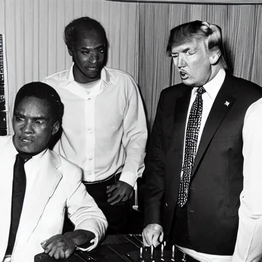 Prompt: donald trump in studio one with king tubby and scientist