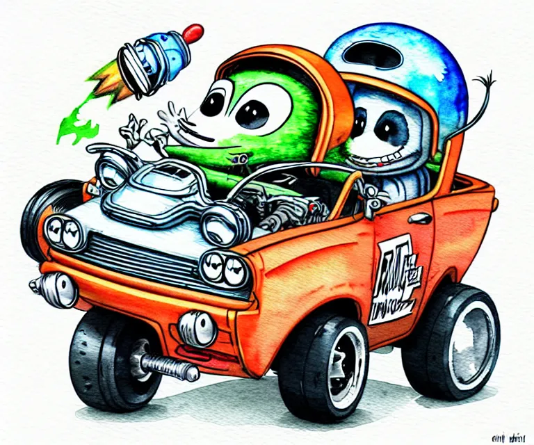 Prompt: cute and funny, racoon wearing a helmet riding in a tiny hot rod with oversized engine, ratfink style by ed roth, centered award winning watercolor pen illustration, isometric illustration by chihiro iwasaki, edited by watercolor girl, tiny details by artgerm, symmetrically isometrically centered