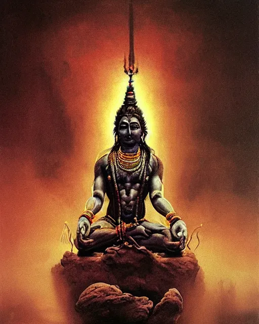 Prompt: One many-armed Shiva. Background in the colors of gasoline spilled on the water. Drops of blood. High detail, hyperrealism, masterpiece, close-up, ceremonial portrait, solo, rich deep colors, realistic, art by Yoshitaka Amano, Ivan Aivazovsky, Giger