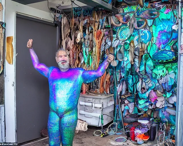 Prompt: a human standing in his garage, he is covered with iridescent bodypaint, shells and barnacles