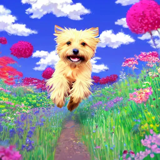 Image similar to A blond Norfolk terrier running and jumping through a field of beautiful flowers in the style of Studio Ghibli, anime, very happy, detailed, award winning