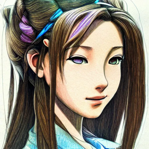 Image similar to daydreaming Aerith Gainsborough close-up portrait looking straight on, complex artistic color ink pen sketch illustration, full detail, gentle shadowing, fully immersive reflections and particle effects, chromatic aberration.
