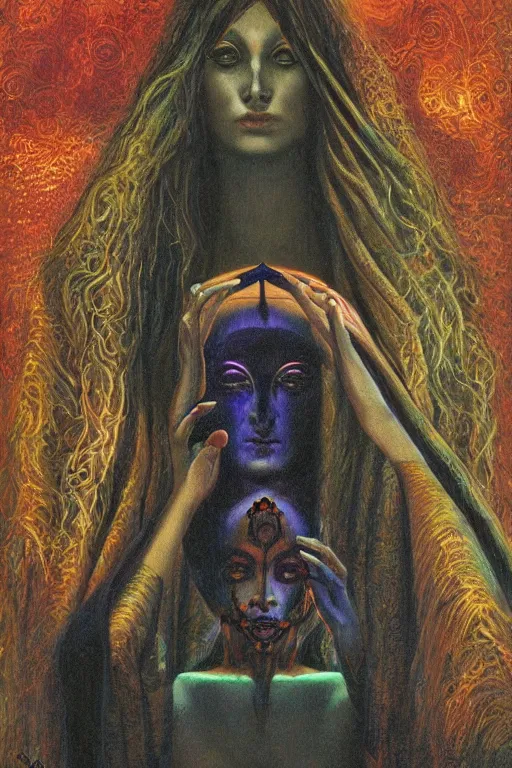 Image similar to gorgeous robed cult girl performing realism third eye ritual, positive dark theme night time, expanding energy into waves into the ethos, epic surrealism 8k oil painting, portrait, depth of field, perspective, high definition, post modernist layering, by Ernst Fuchs, Gerald Brom