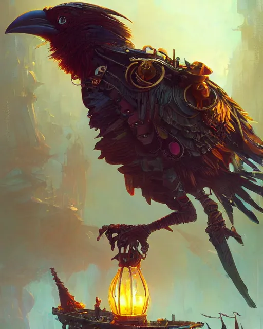 Image similar to a close - up stunning fantasy scene of a steampunk crow | highly detailed | very intricate | disney | magic the gathering | steampunk | dramatic romantic epic breathtaking whimsical magical | professional cinematic lighting | award - winning | painted by marc simonetti and anton fadeev and paul lehr and rhads and alena aenami | pastel color palette | featured on artstation