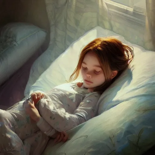 Image similar to little girl in pajamas sleeping, realistic portrait, highly detailed, digital painting, artstation, concept art, smooth, sharp focus, illustration, cinematic lighting, art by artgerm and greg rutkowski and alphonse mucha