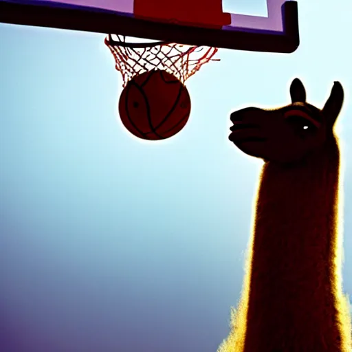 Image similar to film still of a llama dunking a basketball, low angle, extreme long shot, indoors, dramatic backlighting