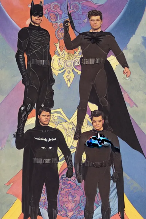 Image similar to a detailed matte portrait of jensen ackles and misha collins dressed as the adam west batman and robin, masterpiece, 8 k, art by alphonse mucha and greg rutkowski